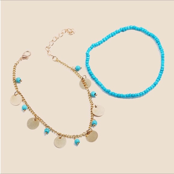 💸FINAL PRICE DROP🌺NWT 2pc Gold Disc & Turquoise Beaded Boho Anklet🌺 - Picture 6 of 12